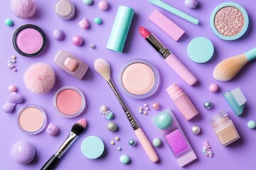 Naklejka premium On a purple background, a selection of beauty products, including decorative cosmetics and makeup brushes, is presented in a top view