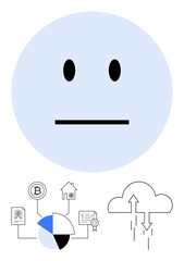 Neutral face emotion above diagram elements representing cryptocurrency, pie chart, certification, cloud storage. Ideal for technology, cryptocurrency, finance, data, information neutrality digital