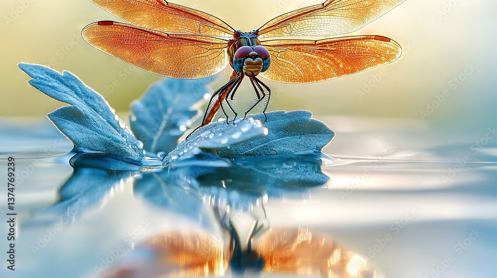 Aufkleber dragonfly on a leaf in water with another in background