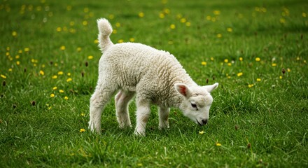 Obraz premium Young lamb grazing in a lush green meadow 