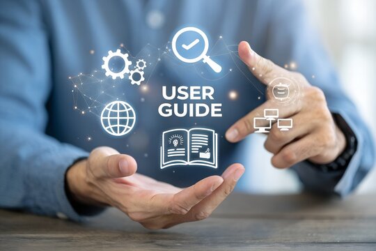 Businessman using laptop with virtual user guide icon for business service. User manual guide, Online instruction manual and strategy advice.