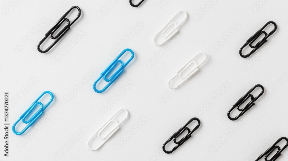 Poster group of paper clips arranged in a random pattern on a white background. there are nine paper clips 