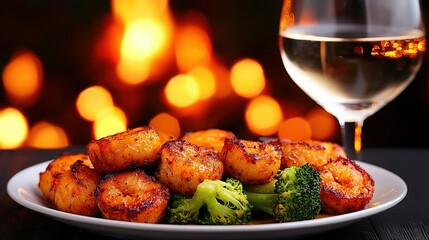   A clear photo of a plate of broccoli and wine on a plain background