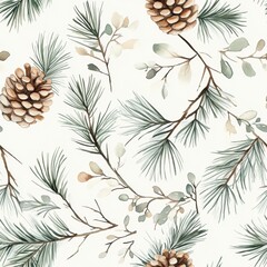 Minimalist Watercolor Design Featuring Pine Branches and Pinecones
