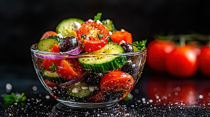   A black surface holds a glass bowl brimming with cucumbers, tomatoes, onions, and assorted vegetables