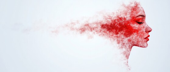 Profile with red fading effect, merging into white background. Eyes closed, painted lips