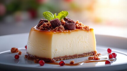   White plate, cheesecake, chocolate, cranberries