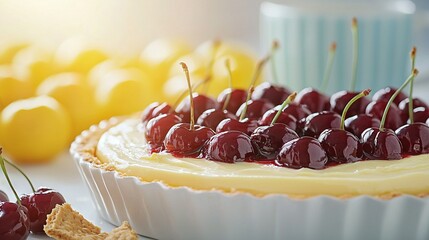   Close-up of cherry pie with crackers and lemon slices on a table