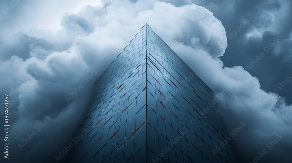 Poster low-angle view of a glass building corner, set against a dramatic cloudy sky, showcasing modern arch