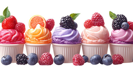 Assorted ice cream treats with fresh fruit, isolated PNG.