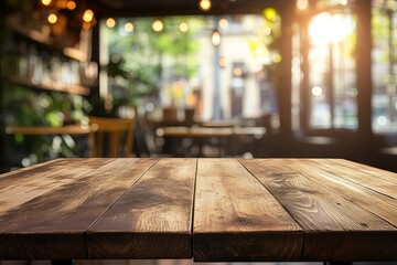 Rustic Wooden Tabletop Empty Surface Background Blurred Cafe Interior Design Sunlight Cozy Atmosphere Restaurant Coffee Shop Brown Wood Texture       