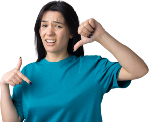 Young brunette in a blue tank top giving thumb down gesture looking with negative expression