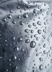 Close-up of Water Droplets, rain drops on Waterproof Fabric Texture