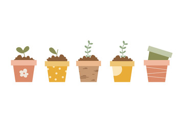 Vector hand drawn illustrations of growing sprouts plants in the flower pots isolated on transparent background