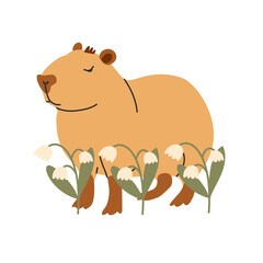 Vector hand drawn illustration of standing cute capybara animal surrounded by spring flowers snowdrops isolated on transparent background