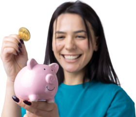 The girl holds a pink piggy bank and a coin in her hands. The concept of wealth and accumulation.