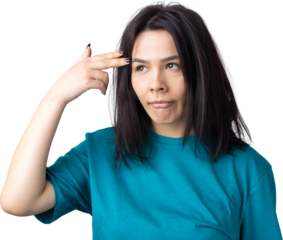 Portrait of a beautiful girl in a blue t-shirt, looks aside with pensive expression, is considering a plan for further action.