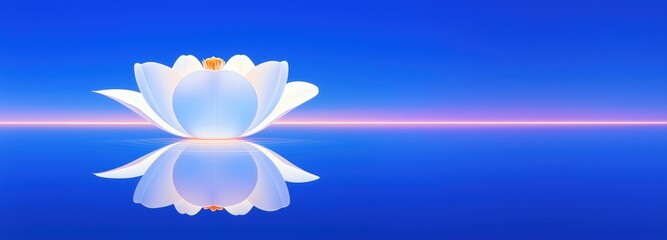 Minimal digital lotus flower with soft reflection in still water against a smooth blue gradient background. Tranquil composition with copy space.