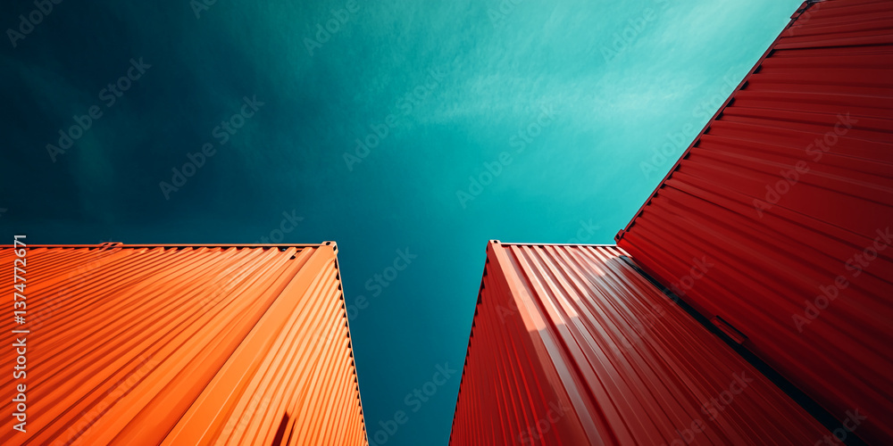 Aufkleber Low-angle view of two orange shipping containers against a teal sky, creating a strong geometric composition symbolizing global trade, logistics, or industrial design