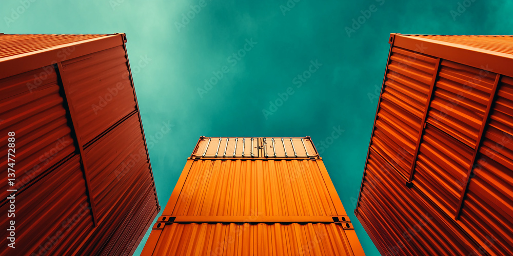 Poster low-angle view of three orange shipping containers against a teal sky, creating a strong geometric c