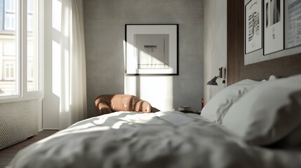 Sunlit Minimalist Bedroom Interior suitable for digital content