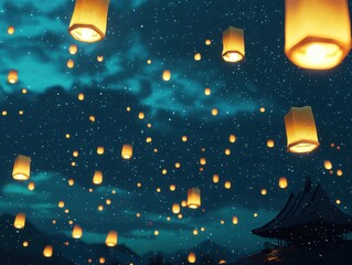 Sky filled with floating lanterns, illuminating the night with a festive glow and creating a magical ambiance above a traditional building.
