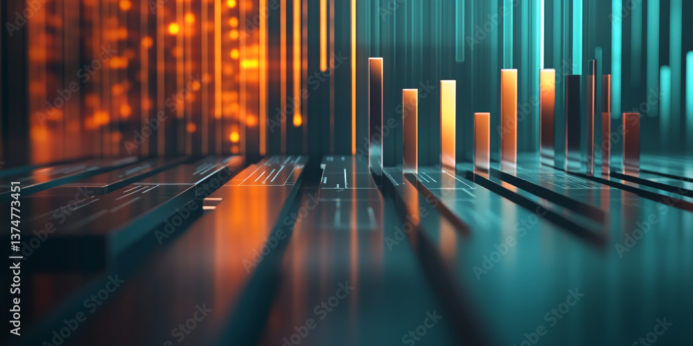 Aufkleber Abstract 3D rendering of geometric shapes, orange and teal color scheme, reflective surface, creating a futuristic or technological showcase
