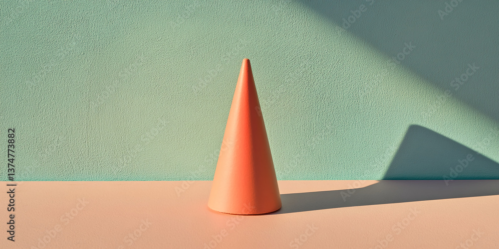 Poster orange cone on peach surface against teal textured wall, showcasing simple geometric design and mini