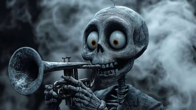 Creepy Skeleton Playing a Weathered Trumpet in a Foggy Atmosphere with Wide-Eyed Expression and Eerie Dark Tones