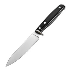 A sleek chef's knife with a sharp, stainless steel blade and a sophisticated black handle against a clean white background.