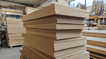 Rustic Stacks of Natural Wooden Boards in Industrial Workshop with Blurred Tools and Materials for Carpentry Projects