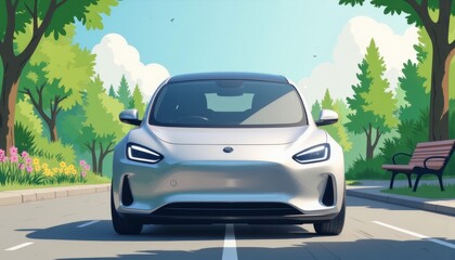 Naklejka premium Modern electric car driving through vibrant suburban park, eco-friendly future