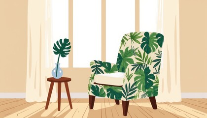 Botanical armchair in sunlit room, comfort and home decor concept
