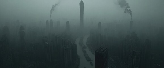 Misty, dystopian cityscape with smoking chimneys, river and skyscrapers in desaturated grayscale