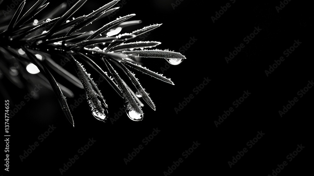 Poster a monochromatic image of a pine tree with droplets on its needles against a dark backdrop