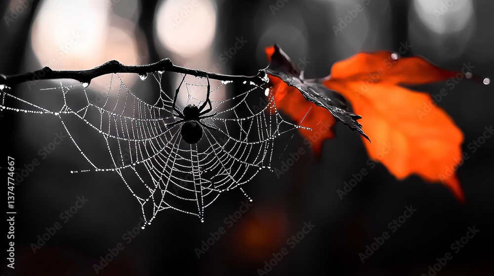 Aufkleber a spider web dangles from a tree branch with a crimson red maple leaf in the background, while a gre