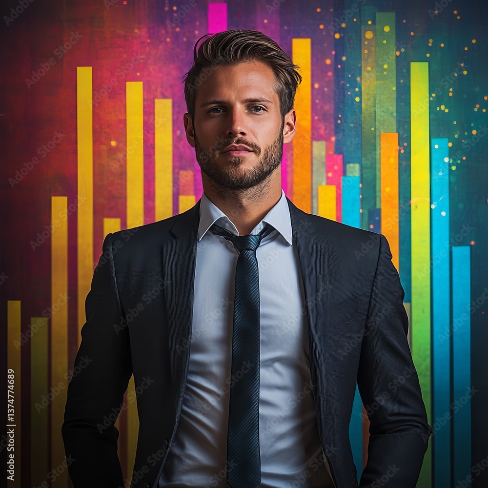 Poster portrait of a man in a suit and tie standing in front of a colorful bar graph background design art