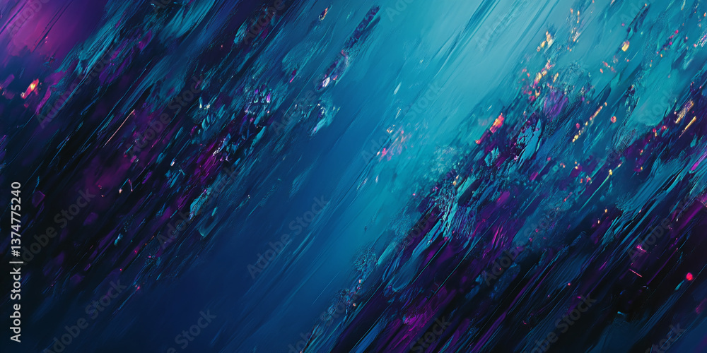 Poster abstract artwork with diagonal brushstrokes in teal, purple, and dark blue hues, creating a dynamic 