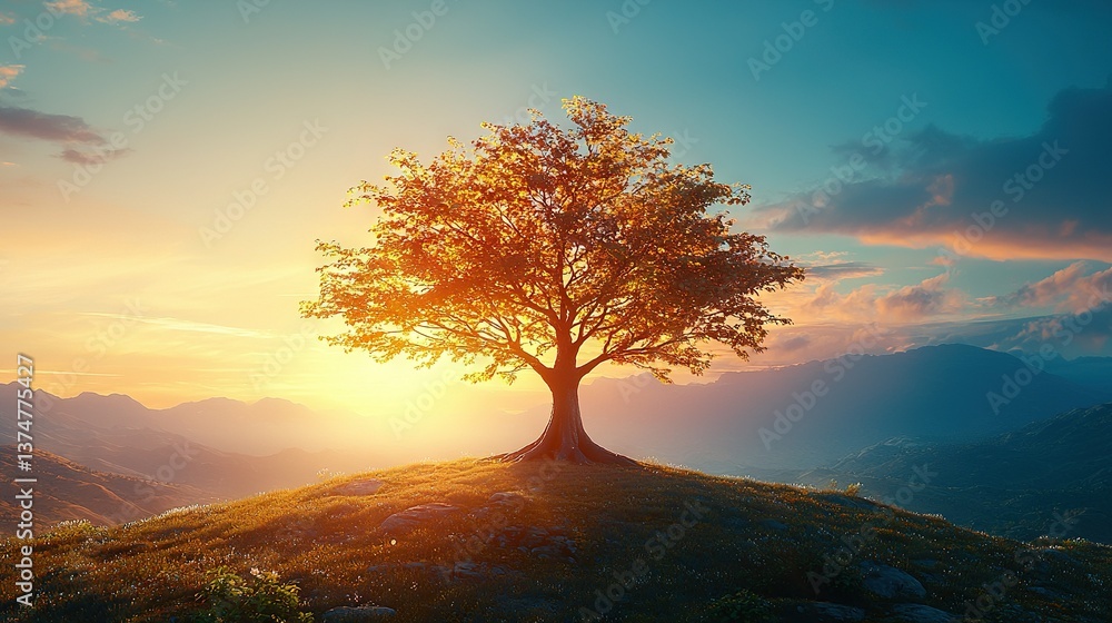 Poster a tree atop a hill with the setting sun behind it and distant mountains in the background