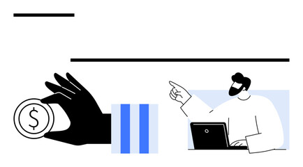 Hand holding a dollar coin beside a person pointing while working on a laptop. Ideal for finance, teamwork, decision-making, entrepreneurship, consulting, remote work, strategy. Flat simple metaphor