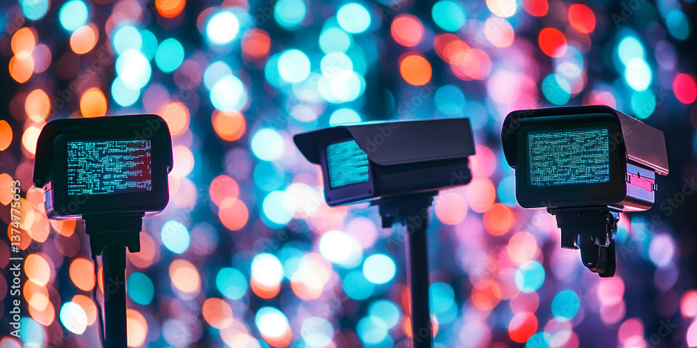 Poster Three surveillance cameras display code against a bokeh background of colorful lights, symbolizing digital security, technological surveillance, or data privacy in a festive setting