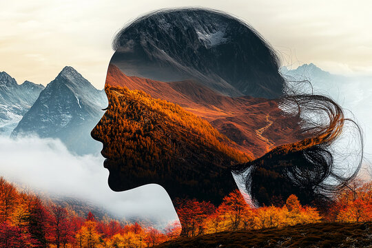 Double exposure image of woman's profile and autumn mountain landscape, symbolizing inner peace, nature connection, and spiritual journey - Powered by Adobe