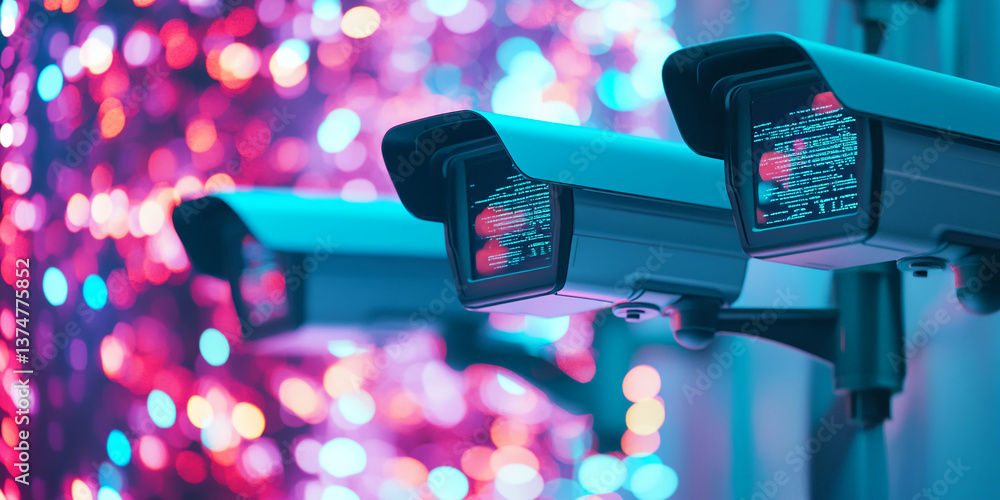 Aufkleber close-up of security cameras displaying code, set against a blurred background of pink and blue boke