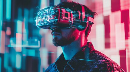 Man wearing vr headset with digital overlay in a futuristic neon lit environment indoors