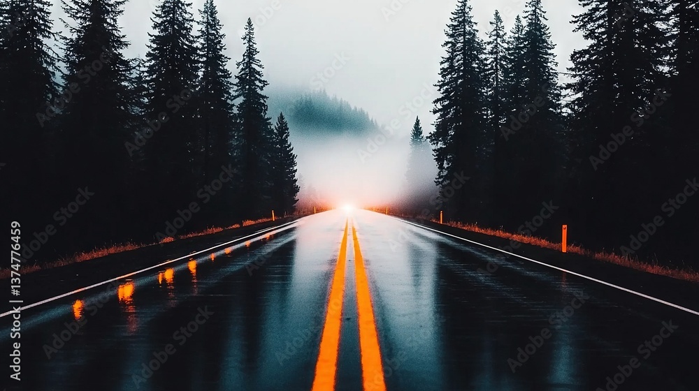 Poster a road shrouded in mist with trees lining either side and a beacon guiding the way forward on a hazy