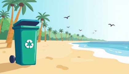 Vibrant recycling bin on tropical beach, promoting environmental awareness