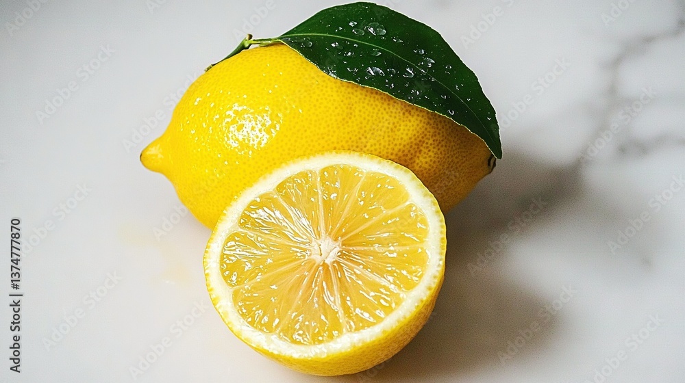 Aufkleber a high-resolution image of a lemon with a leaf on top and a slice cut off the bottom