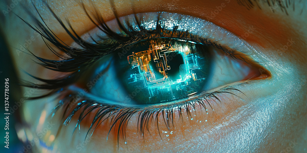 Poster close-up of eye with circuit board reflection, showcasing technological integration with human body,