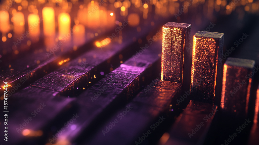 Aufkleber Abstract image of textured metallic blocks, illuminated with warm and purple light, creating a dynamic and modern feel, symbolizing growth, progress, or technology