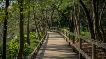 Fototapeta premium Rustic wooden boardwalk leading through a sunlit green forest